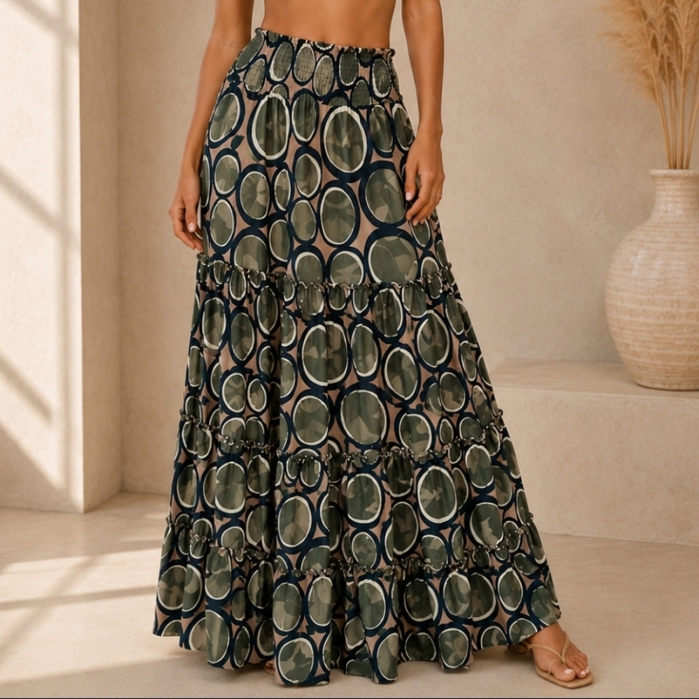 Tiered Maxi Skirt in Olive Circle Print